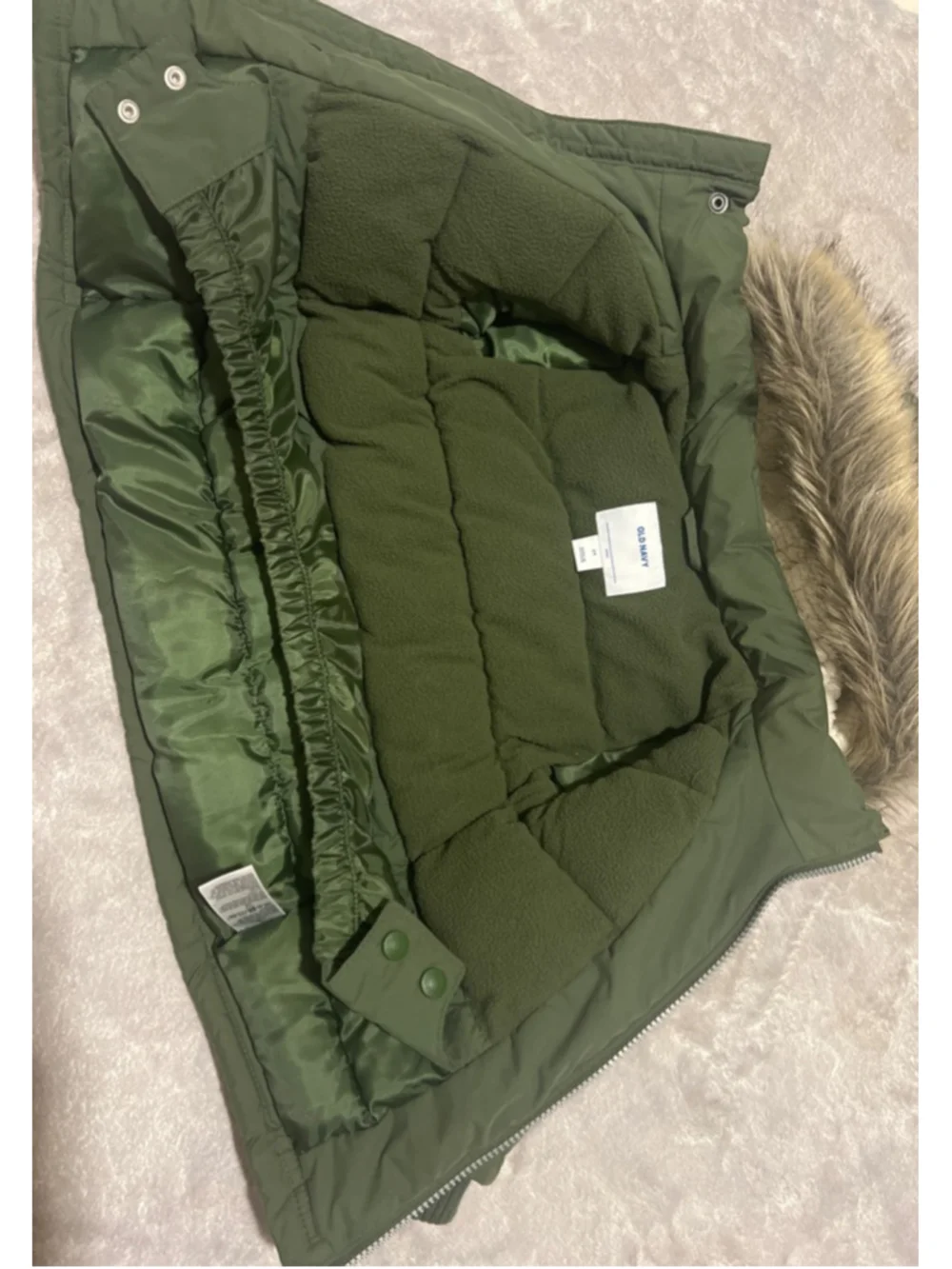 Boys Old Navy Water Resistant Hooded Snow Puffer Jacket 2T Green Faux Fur UNISEX - Picture 8 of 10